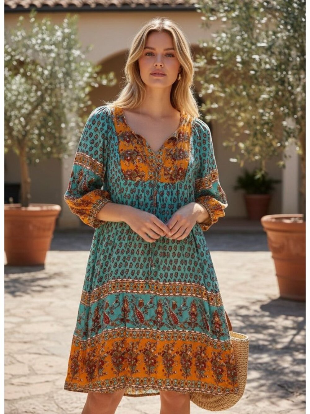 Bluetime Womens Boho Floral Tunic Dress 3/4 Sleeves V-Neckline Large Viscose